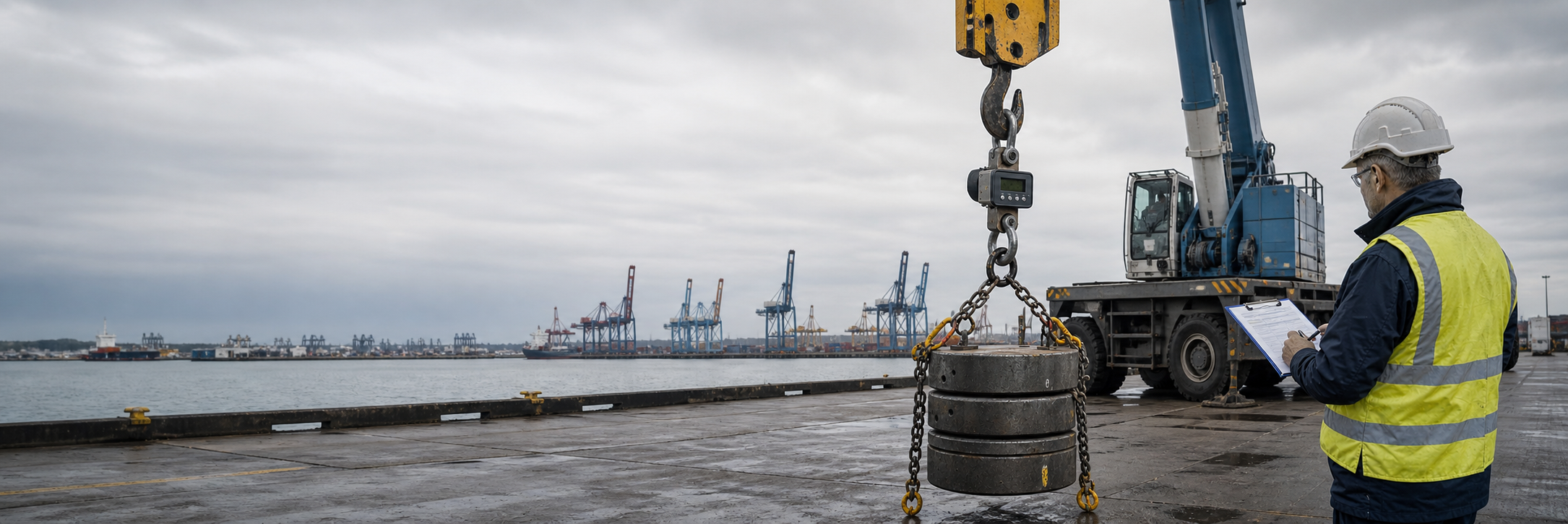 Independent surveyor witnessing crane-scale verification with suspended certified test weights on an outdoor quay