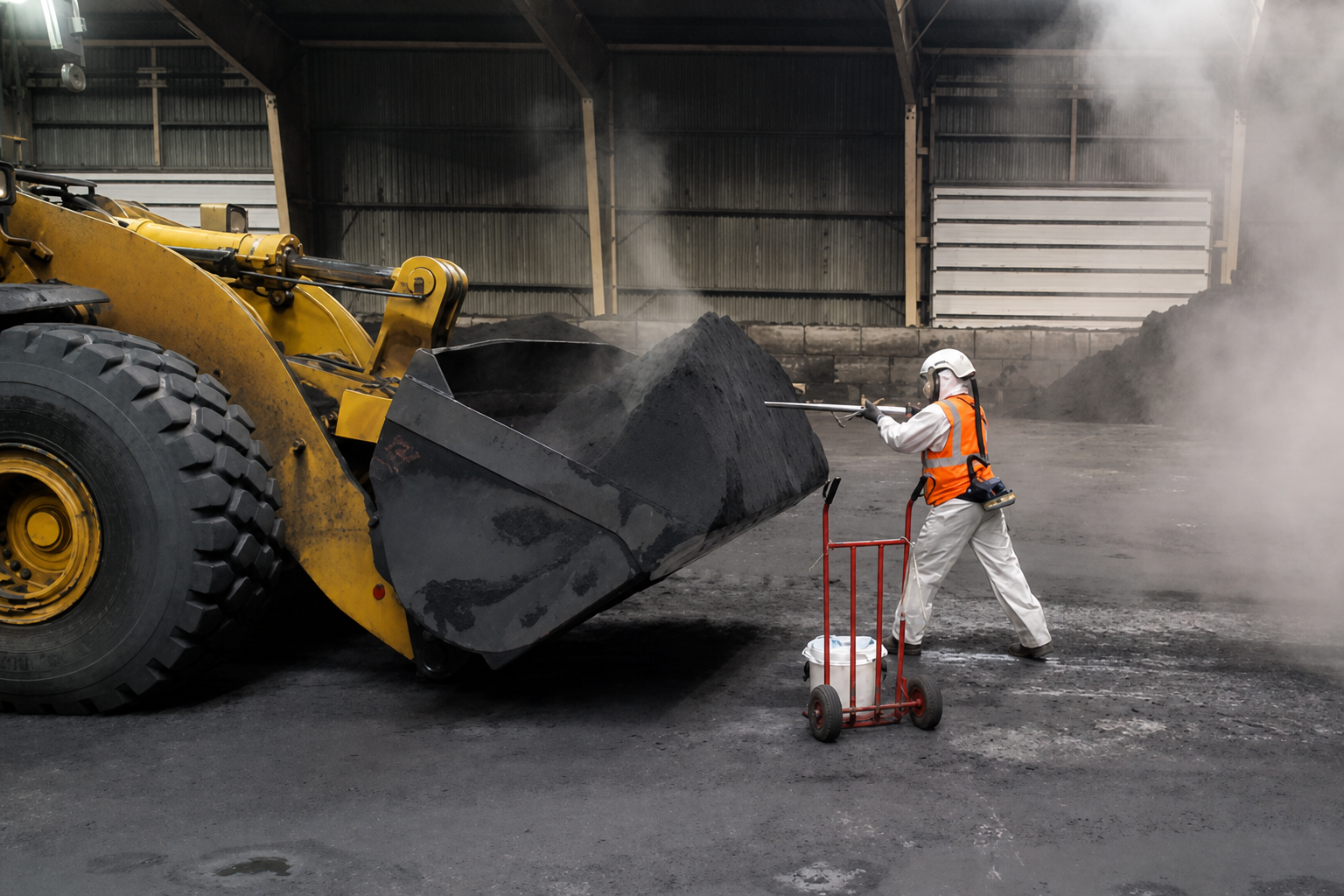 Surveyor collecting sampling increments from bulk material in a front-end-loader scoop